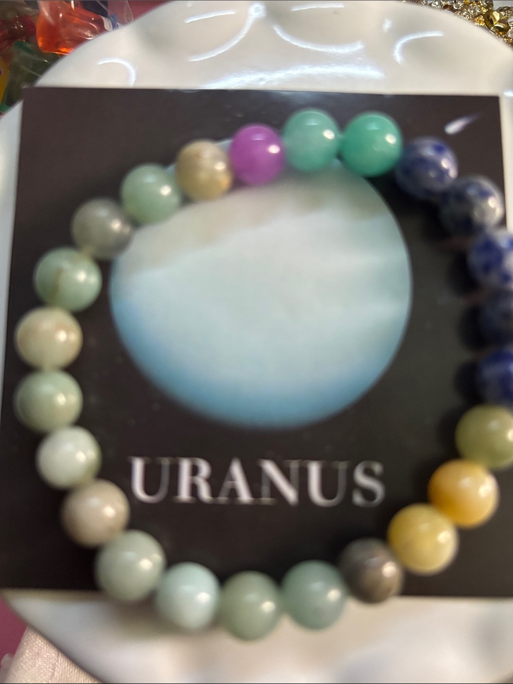 Uranus Planet 8mm Beaded Stretch Bracelet - Pastel Green Accent